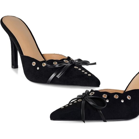 Women Pointed Toe Bow Heels Slip on Stiletto Dress Party Wedding Studded Pumps - Picture 2 of 6